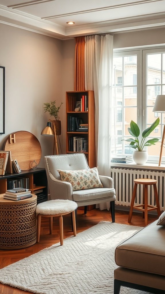 A cozy reading nook featuring a light grey chair, wooden bookshelf, and soft rug.