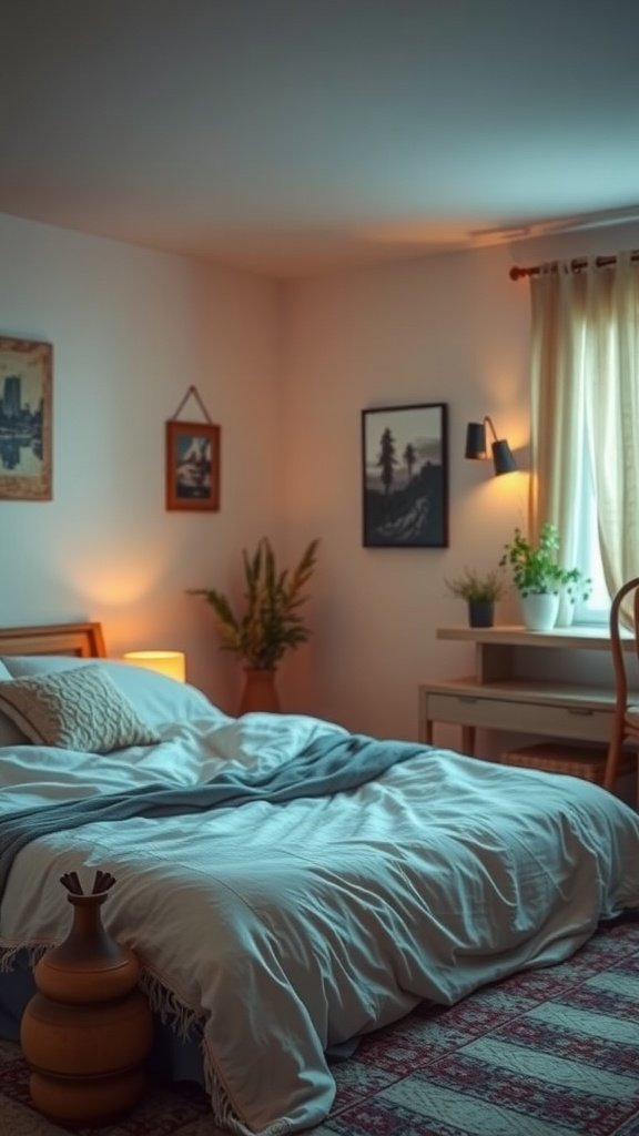Cozy boho bedroom with warm ambient lighting, plants, and textured bedding.