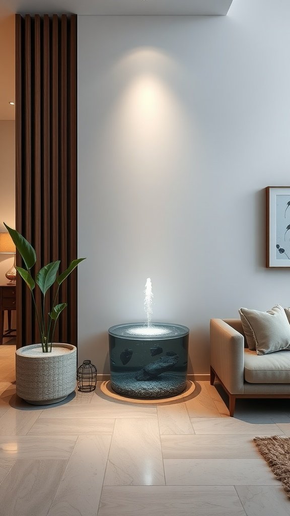 A modern living room with a small water fountain centerpiece, surrounded by plants and cozy furniture.