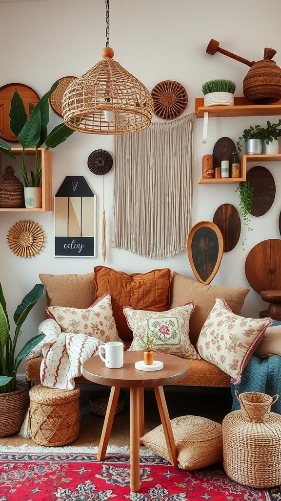 Cozy boho living room with artisan-made decorative items including woven baskets and handcrafted wall art