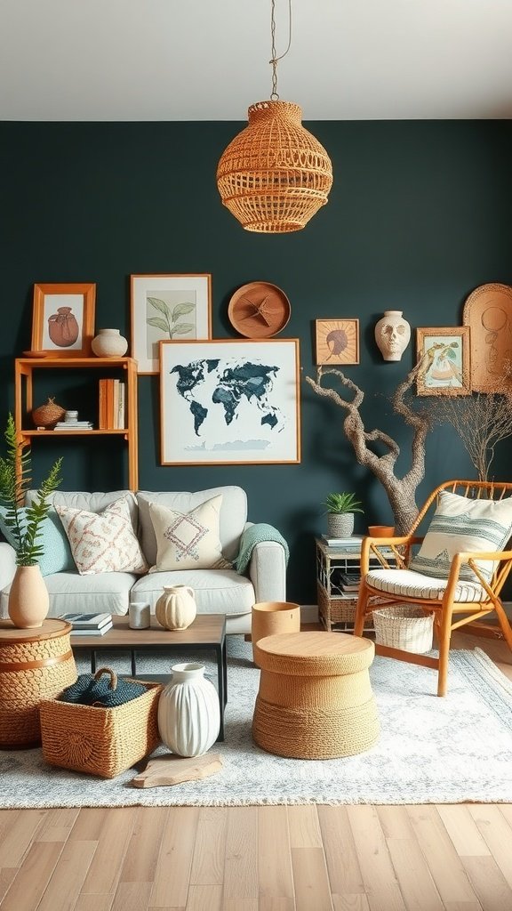 A cozy boho living room featuring artisan crafted accessories like woven baskets and textured vases.