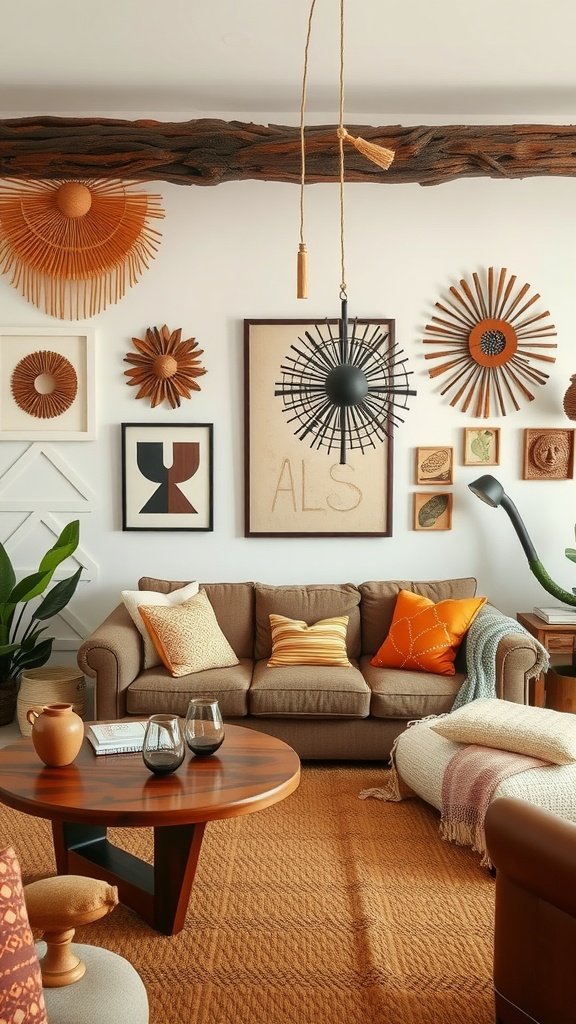 A cozy living room featuring artisan craftsmanship with handcrafted decor and warm colors.