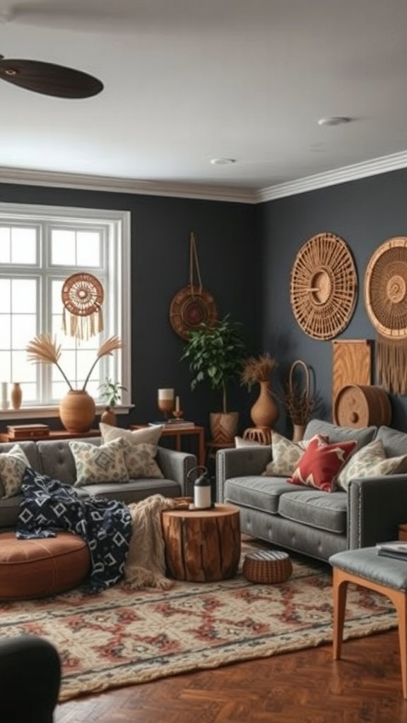 A dark bohemian living room featuring artisan craftsmanship with woven wall decor, natural materials, and a cozy atmosphere.