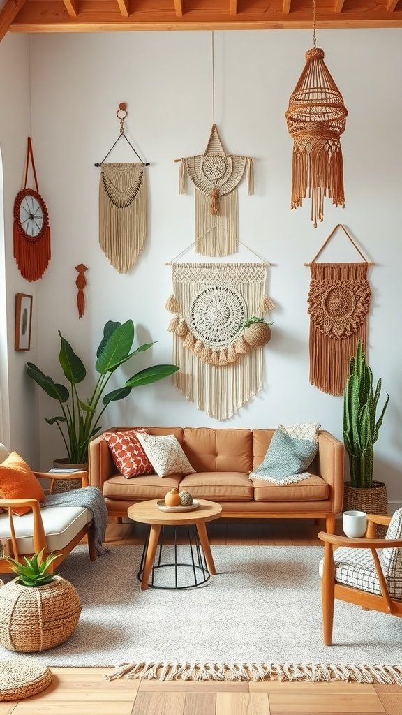 A stylish boho living room featuring artisan wall hangings, a cozy sofa, and decorative plants.