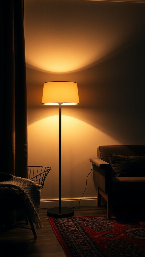 An artistic floor lamp casting warm light in a cozy living room setting.