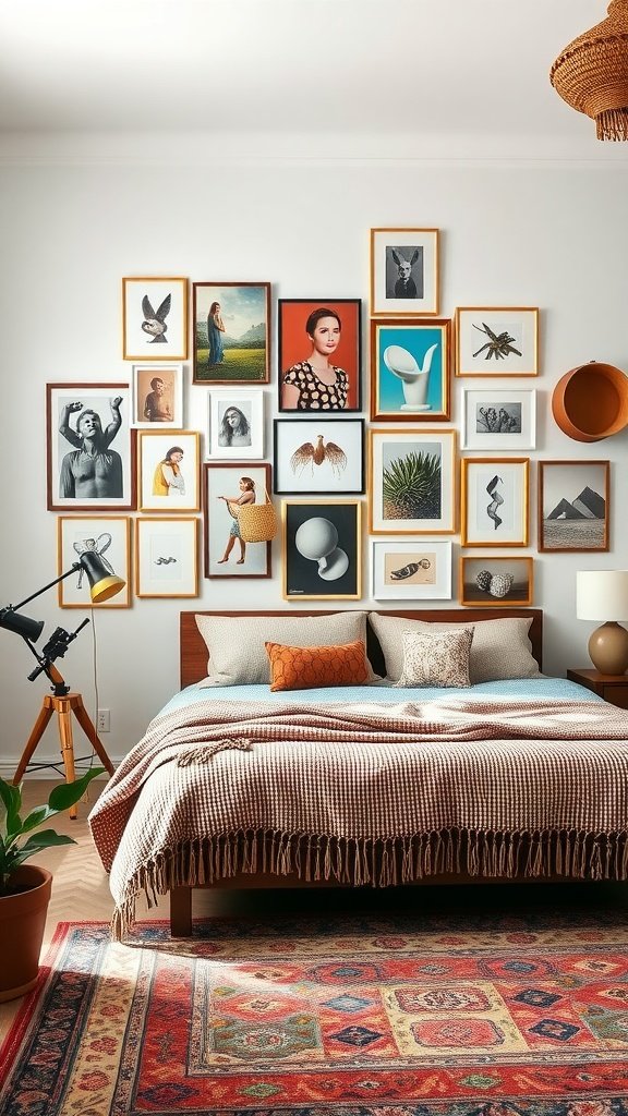 A stylish gallery wall featuring various framed artworks above a bed in a cozy bedroom.