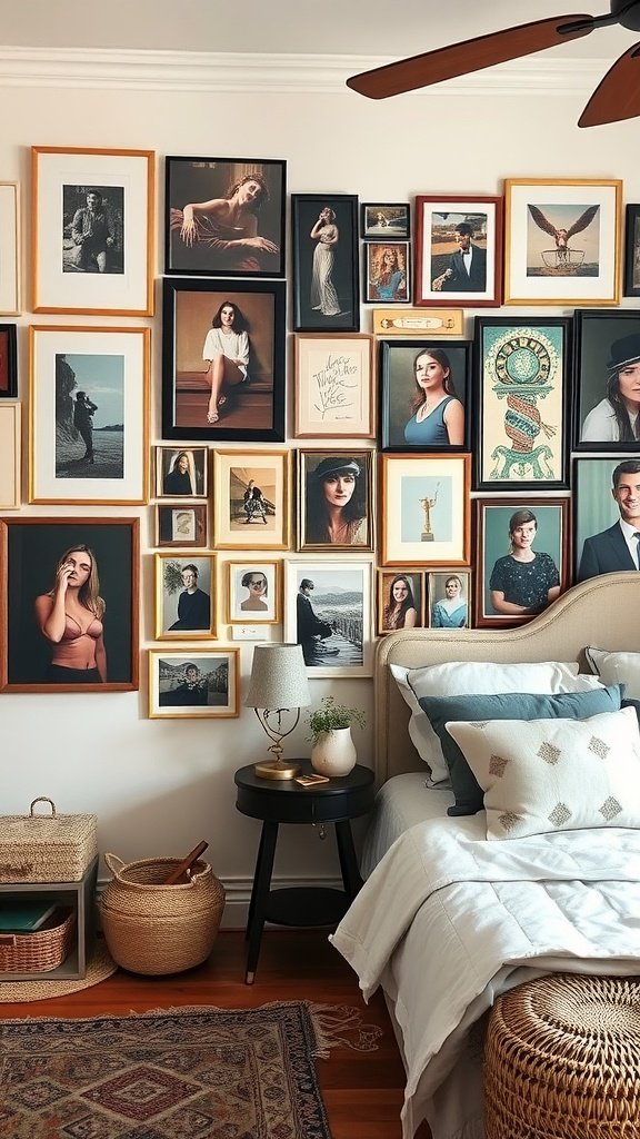 Artistic gallery wall with various framed photos and artwork.