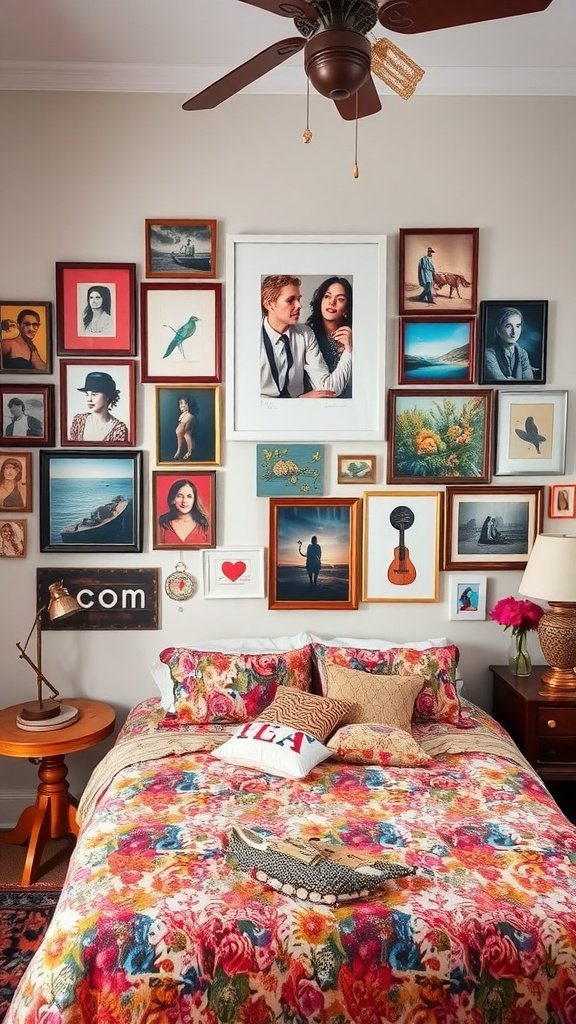 Colorful gallery wall featuring various framed artworks above a bed with floral bedding.