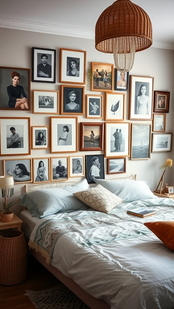A beautifully arranged gallery wall in a cozy bedroom featuring various framed artworks and photographs.