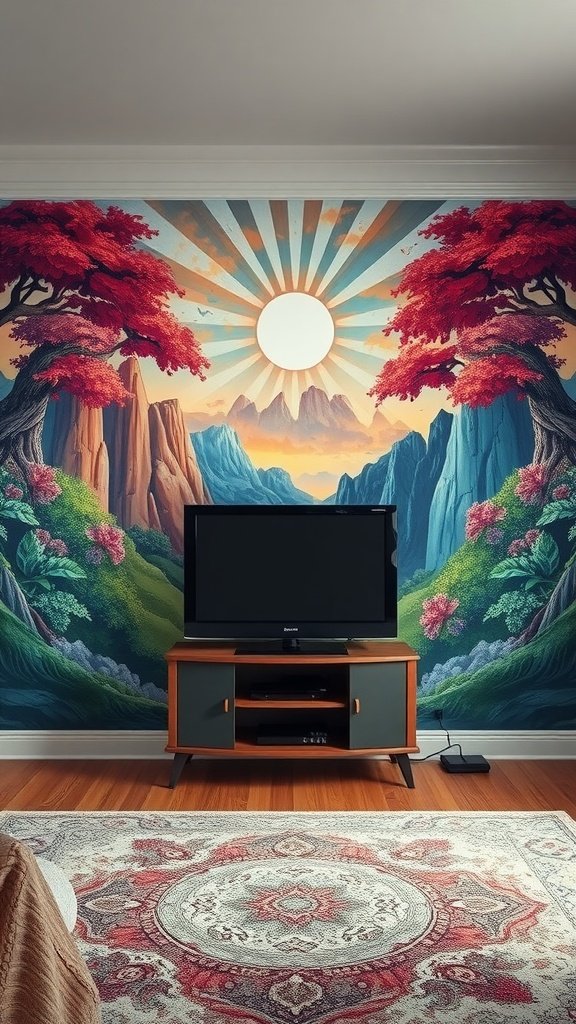 Colorful mural depicting a landscape with trees and mountains behind a TV.