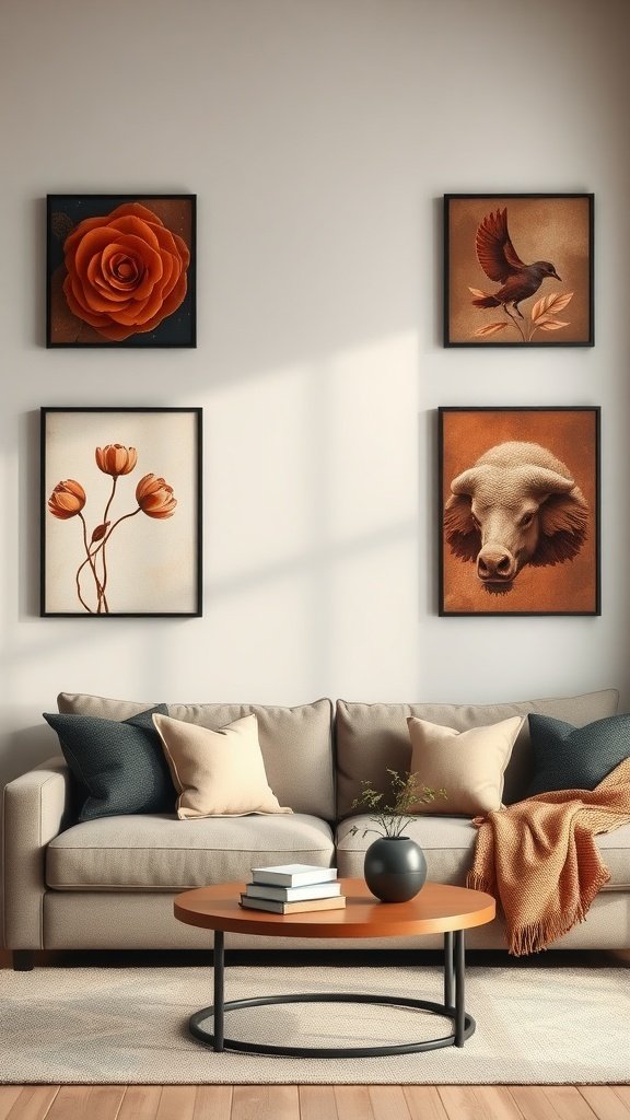 Living room featuring artistic deep brown wall decor with floral and animal framed art