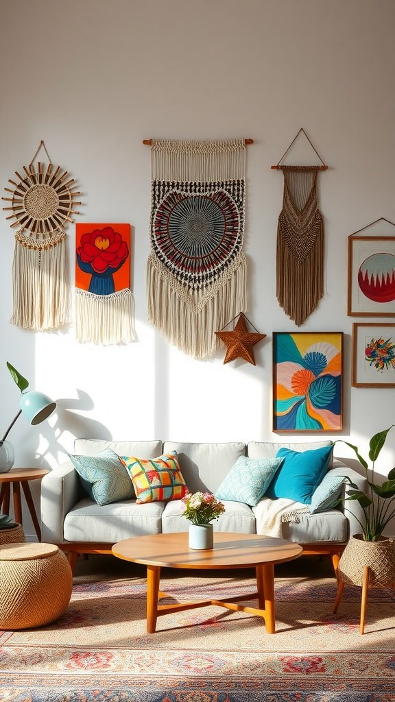A cozy mid-century modern living room with artistic wall hangings, a light grey sofa, and colorful decor.
