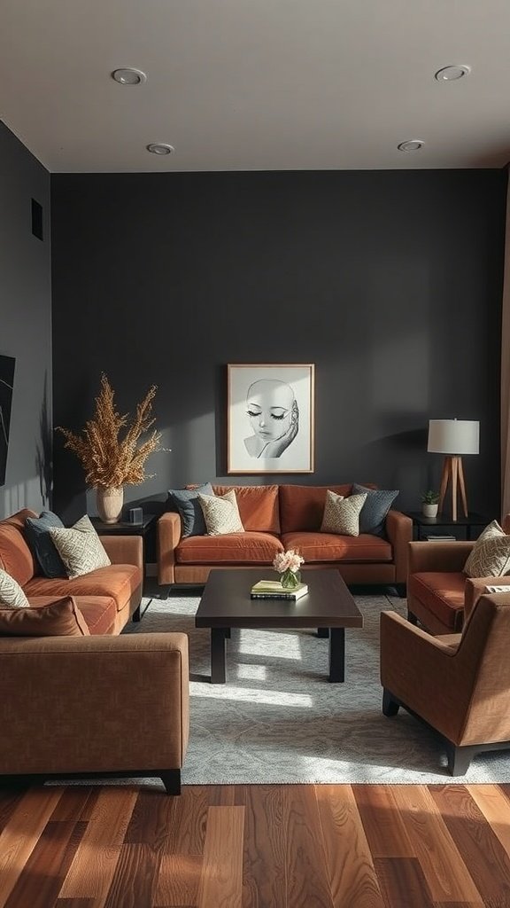 A cozy living room featuring dark and light brown shades with comfortable furniture and decorative elements.
