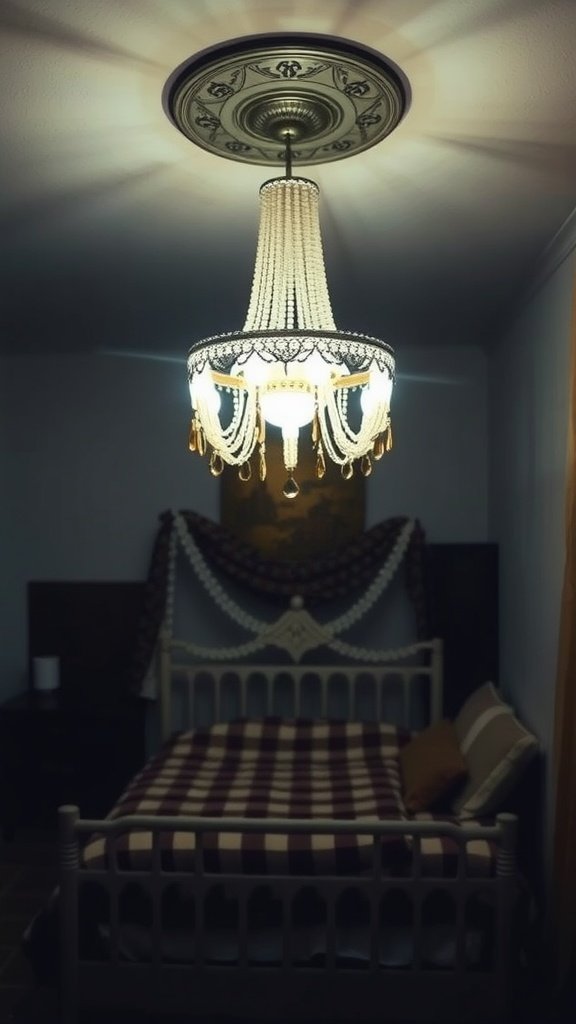A stylish beaded chandelier hanging above a bed in a cozy bedroom setting.