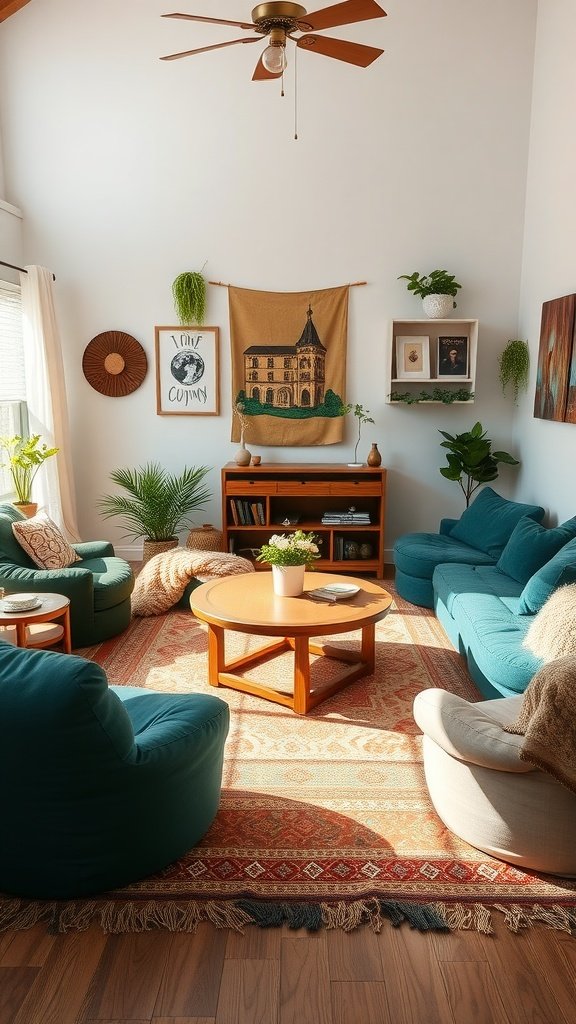 Cozy living room with bean bags and a wooden coffee table