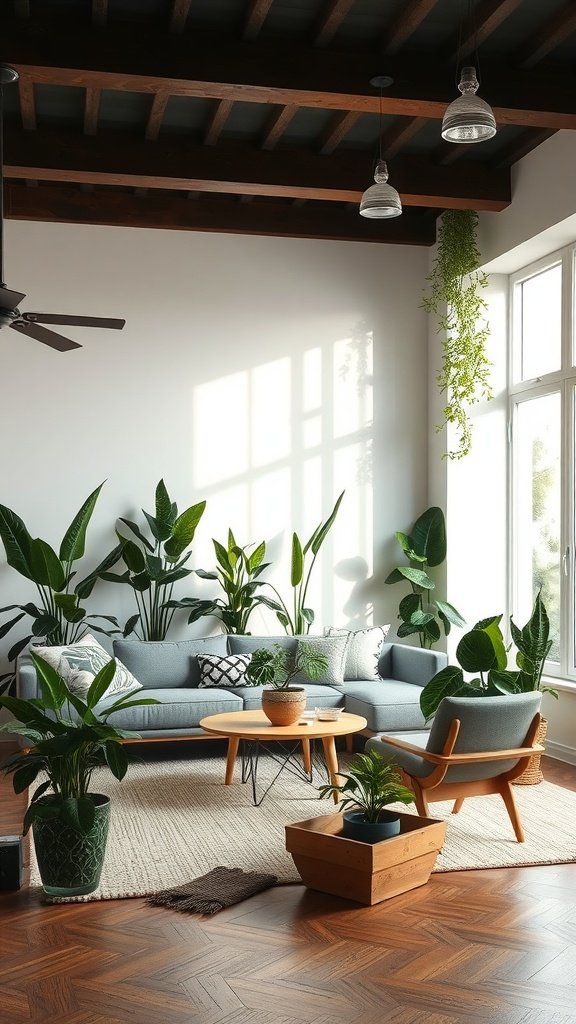A cozy living room showcasing biophilic design with abundant plants, natural wood elements, and a light, airy atmosphere.