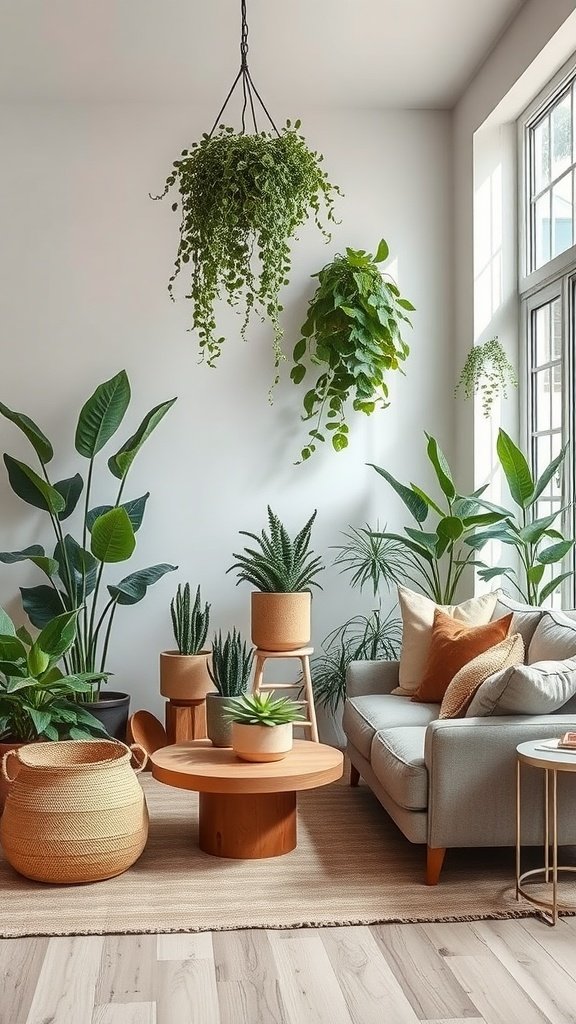 A cozy living room filled with various indoor plants, featuring a light grey sofa and wooden coffee table.