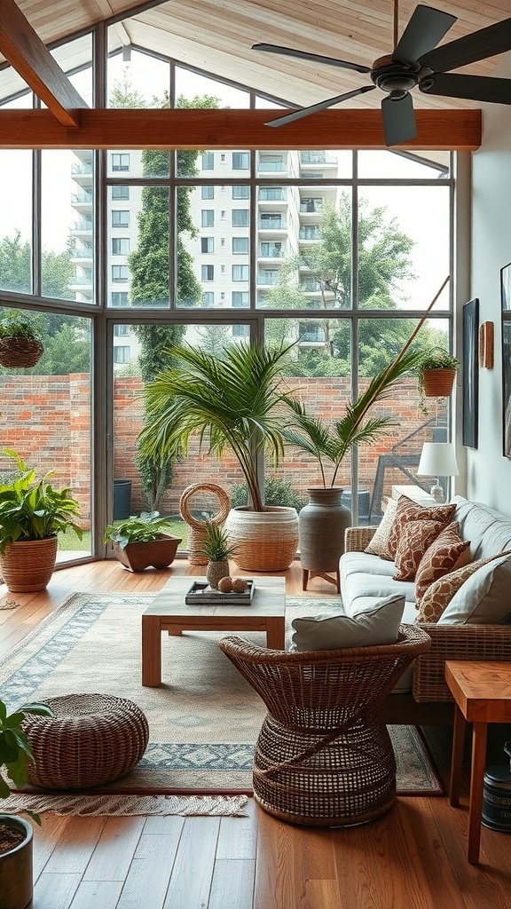 A moody boho living room with large windows, plants, and natural decor.