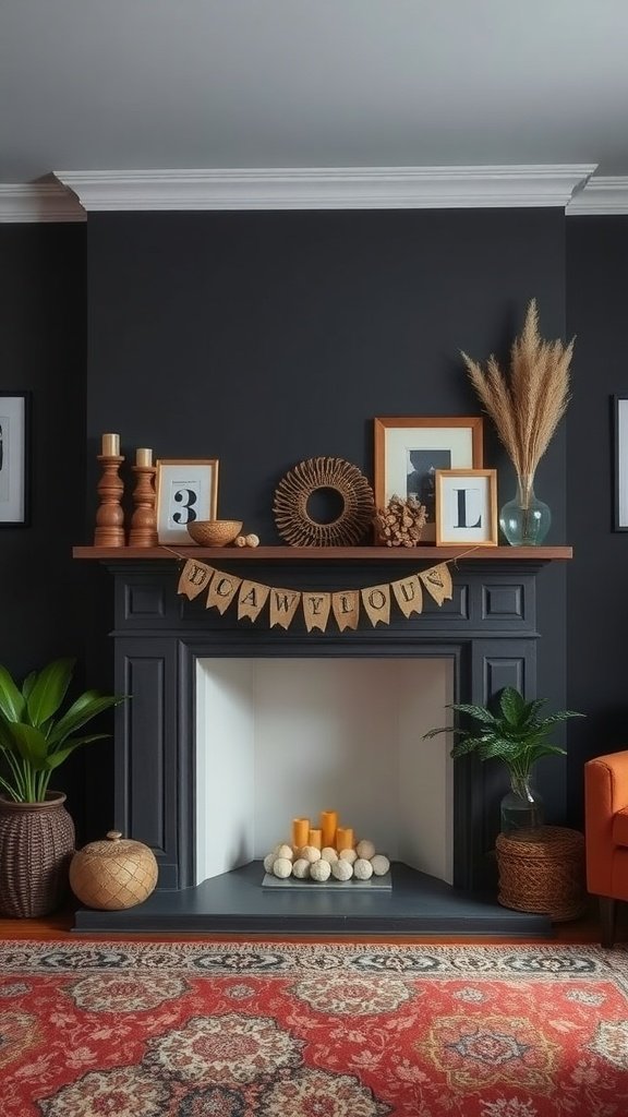 Bohemian-inspired fireplace mantel with plants, candles, and decorative items.