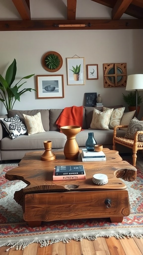 A cozy living room with a rustic wooden coffee table, decorative vases, and colorful pillows.