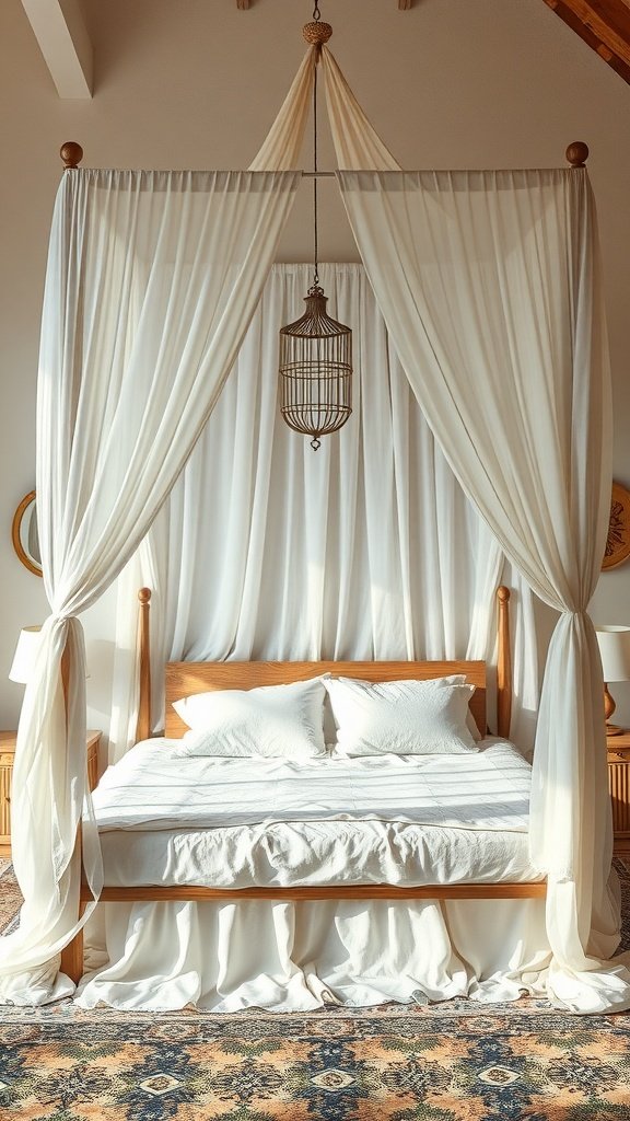 A cozy bohemian canopy bed with flowing white drapes and a wooden frame.