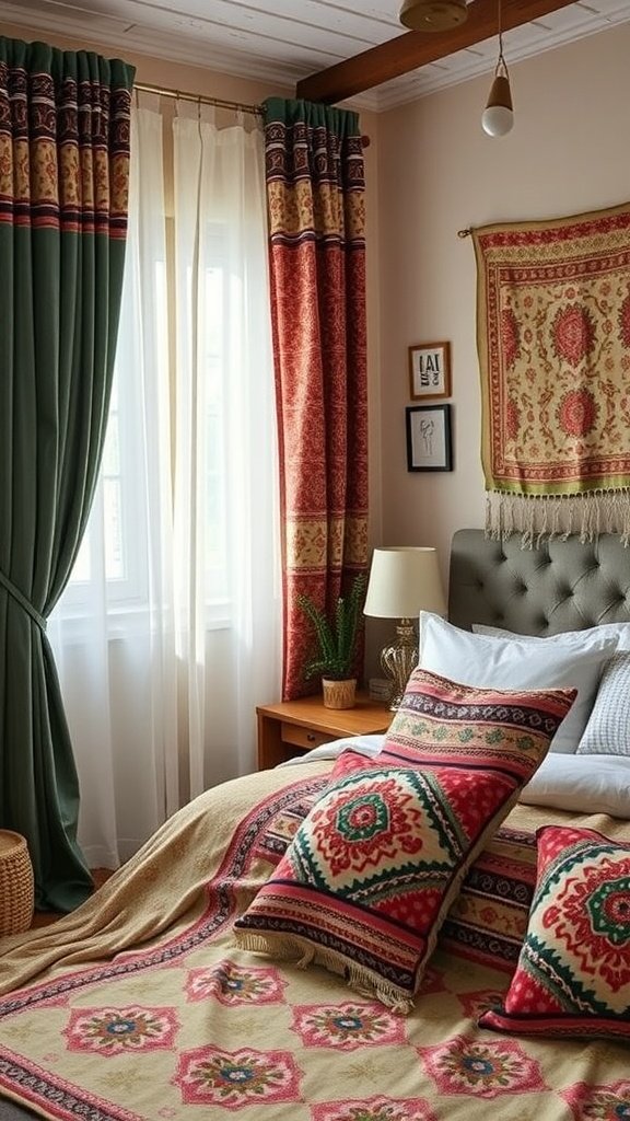 A cozy bedroom featuring bohemian fabrics with colorful curtains, patterned bedspread, and decorative pillows.
