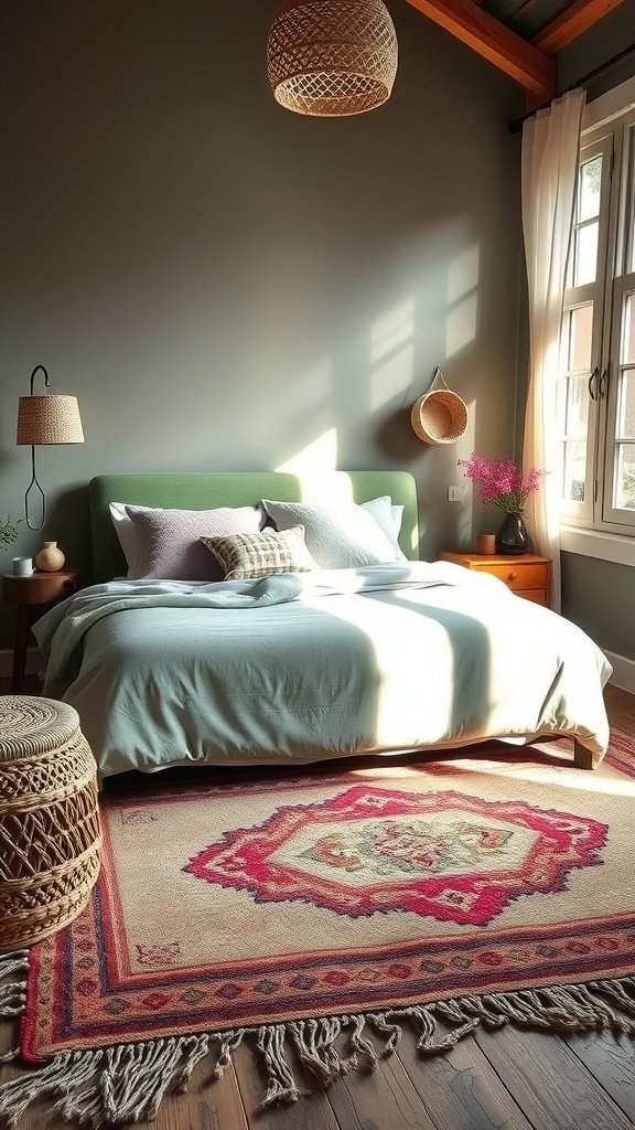 A cozy bohemian-style bedroom featuring a sage green bed, earthy-toned rug, and natural decor elements.