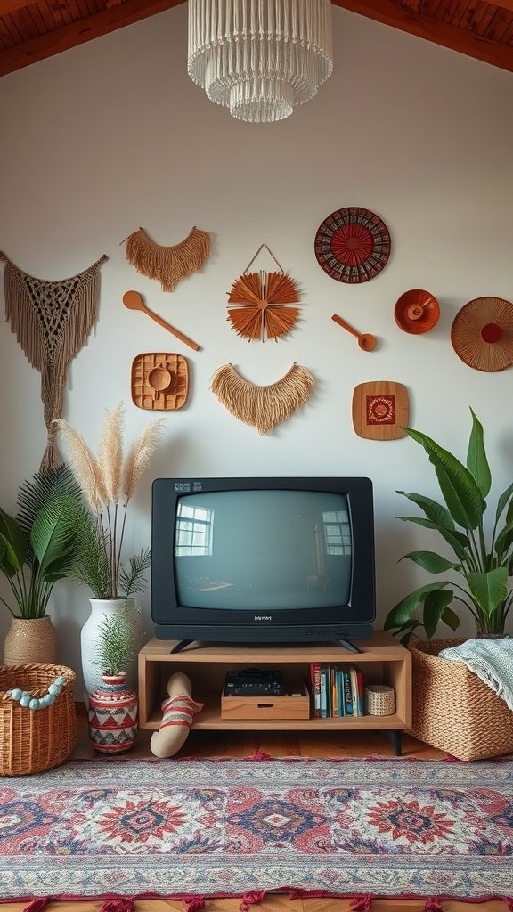Bohemian style living room with textured wall decor and a vintage TV.