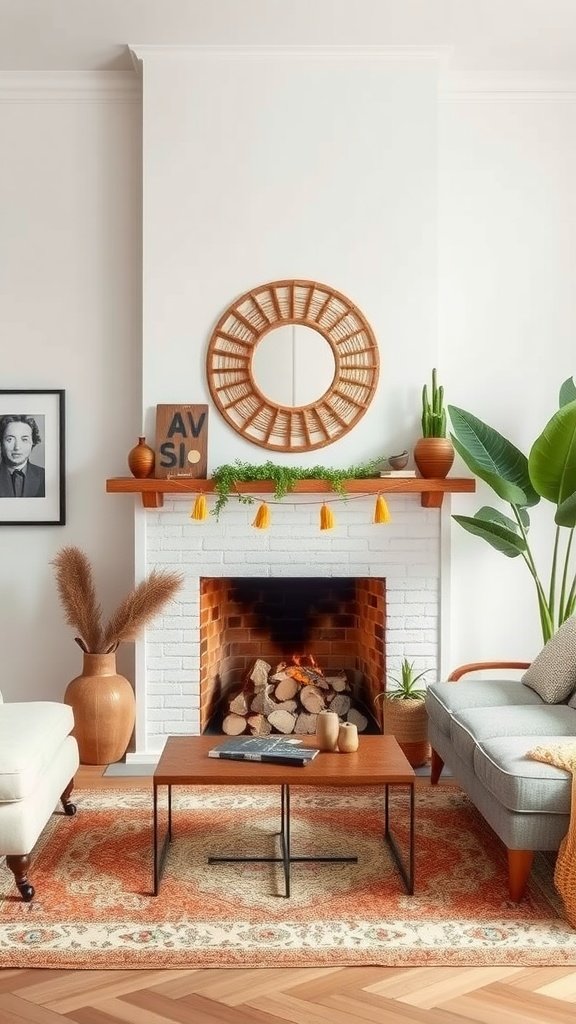 A stylish boho-chic living room featuring a white fireplace, wooden mantel, and earthy decor.