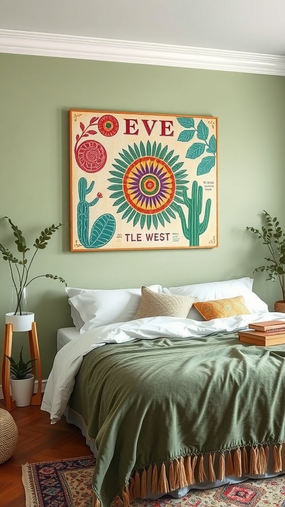 A vibrant boho wall art piece featuring colorful patterns and nature-inspired elements against a sage green wall.