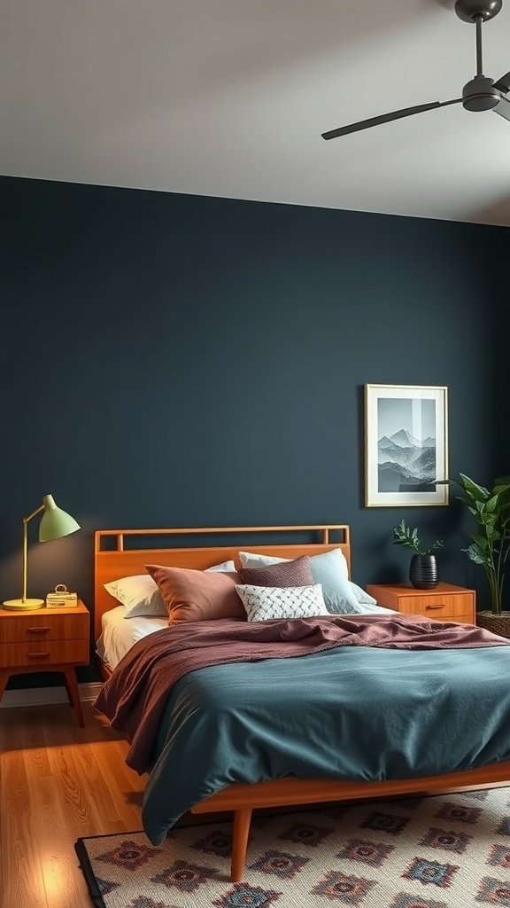 A stylish bedroom featuring a dark accent wall, orange mid-century modern furniture, and cozy bedding.