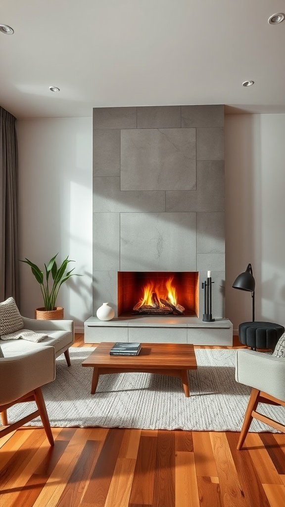 Modern living room featuring a bold fireplace design with sleek materials and mid-century furniture.