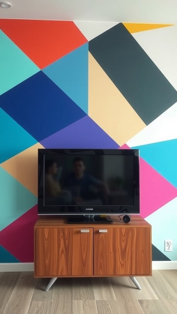 A colorful geometric wall behind a TV setup