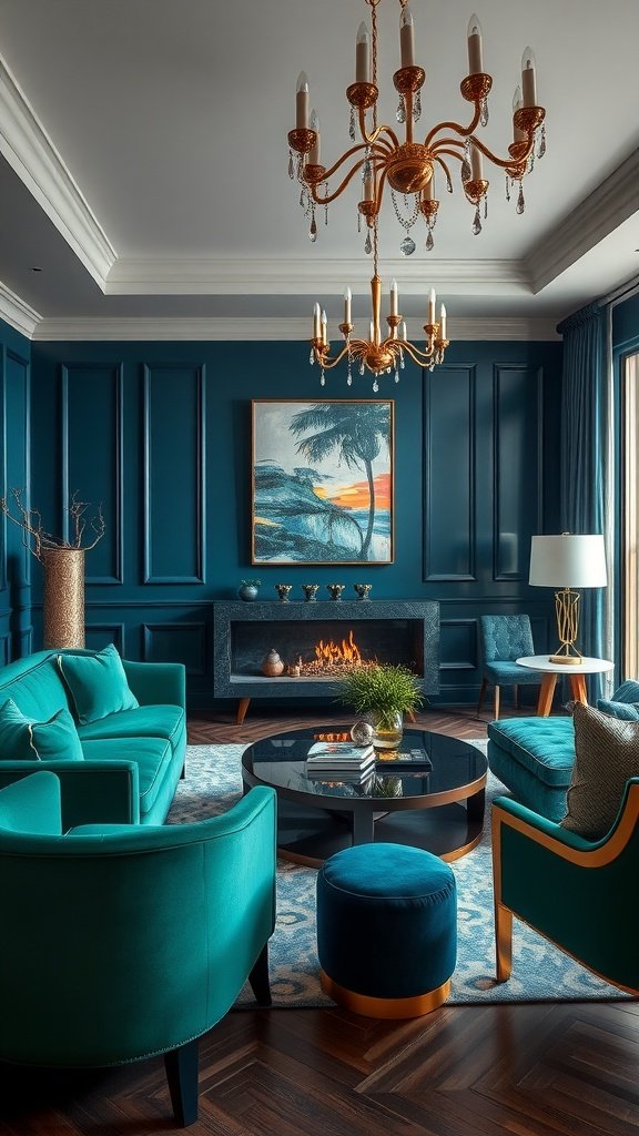 A modern living room featuring bold jewel tones and metallic highlights.