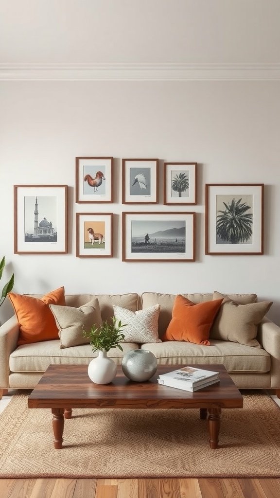 A cozy living room with a brown-centric gallery wall featuring various framed artworks.