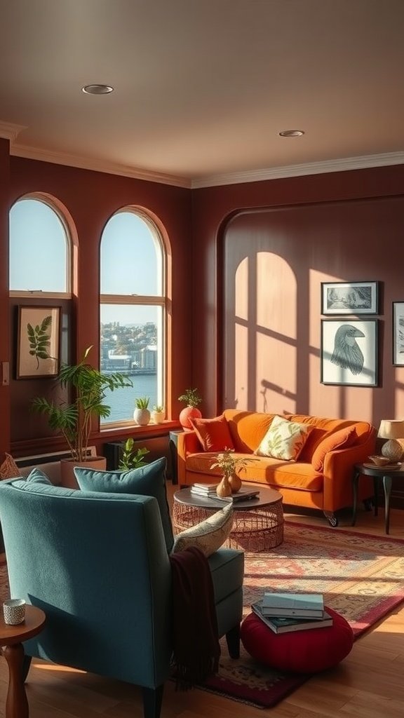 A cozy living room with brown walls and colorful furniture.
