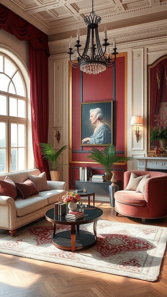 A modern living room featuring a burgundy and cream color scheme with elegant furnishings.