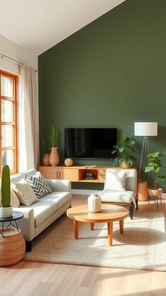 Living room featuring cactus green walls, natural wood furniture, and plants.