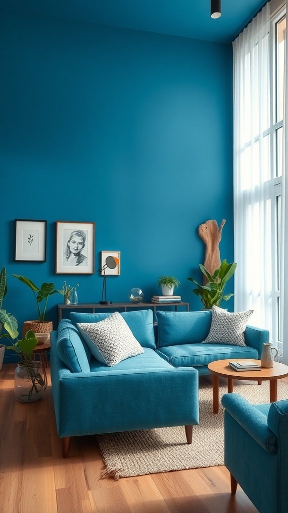 A modern living room featuring cerulean blue walls and earthy accents.