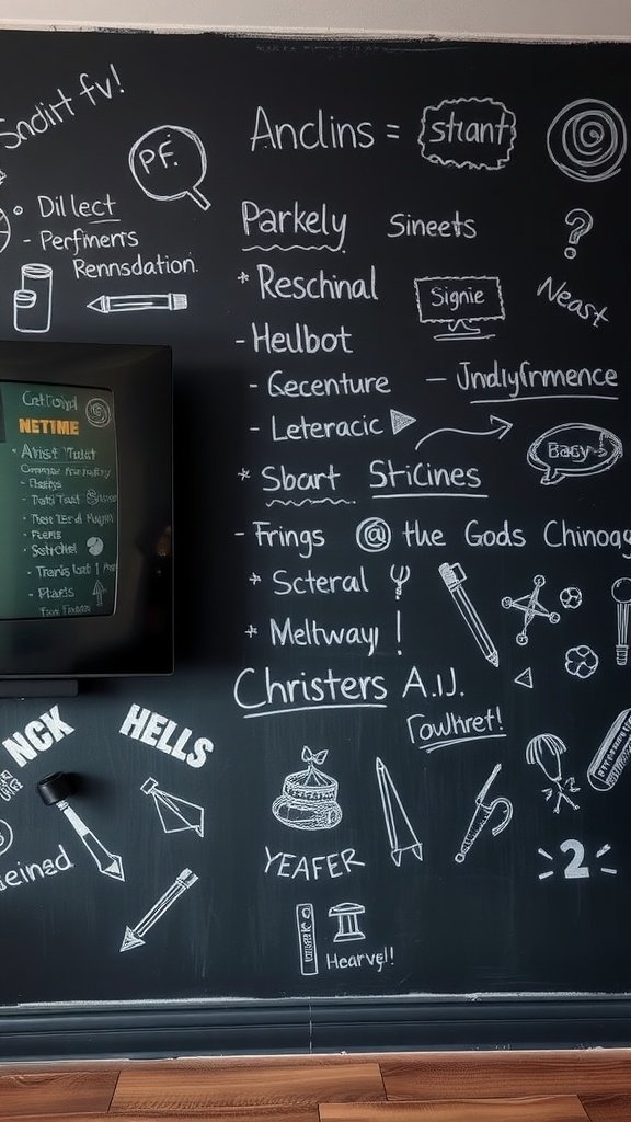 A chalkboard wall filled with handwritten notes and doodles, next to a TV.