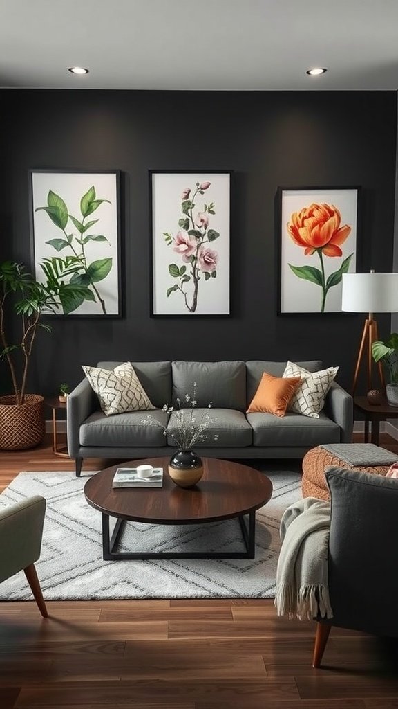 A modern living room featuring charcoal gray walls with bright botanical prints in frames, a gray sofa, and a round coffee table.