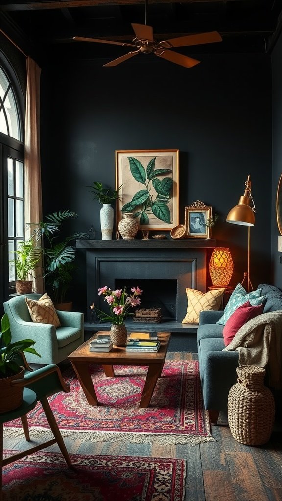 A cozy dark boho living room featuring layered decor with plants, art, and various textures.