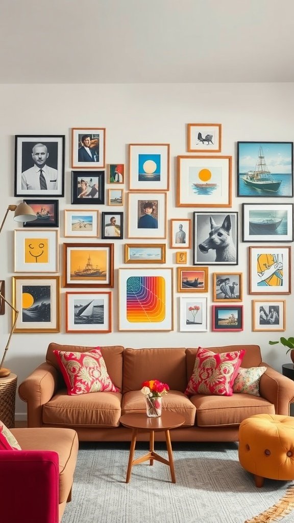 A stylish gallery wall featuring a variety of framed photos and artwork in a cozy living room.