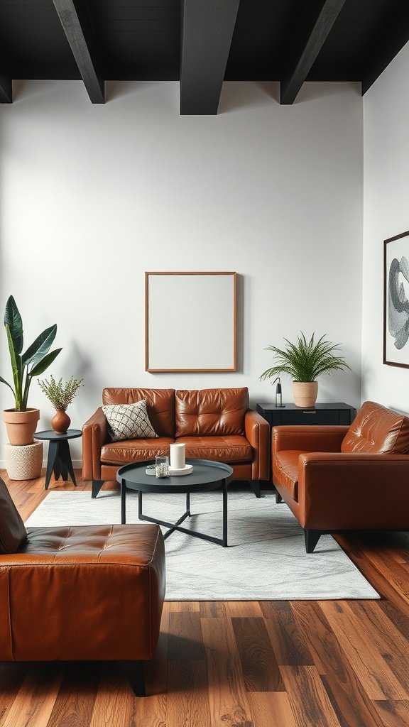 Stylish living room with brown leather furniture, a black coffee table, and plants.