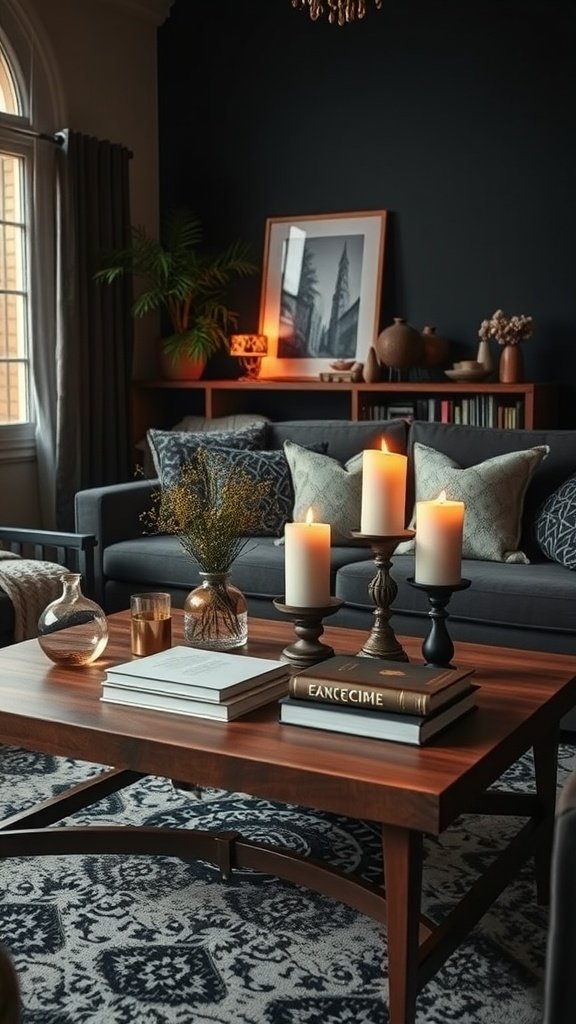 Stylishly arranged coffee table with books, candles, and decorative vases in a dark boho living room.