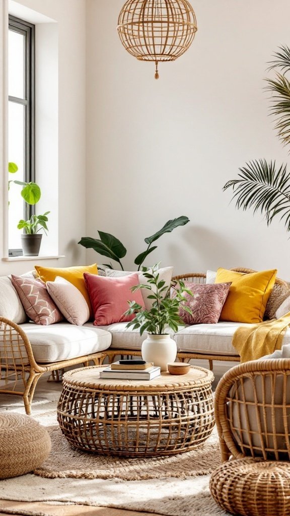 Cozy boho living room with rattan furniture and colorful cushions
