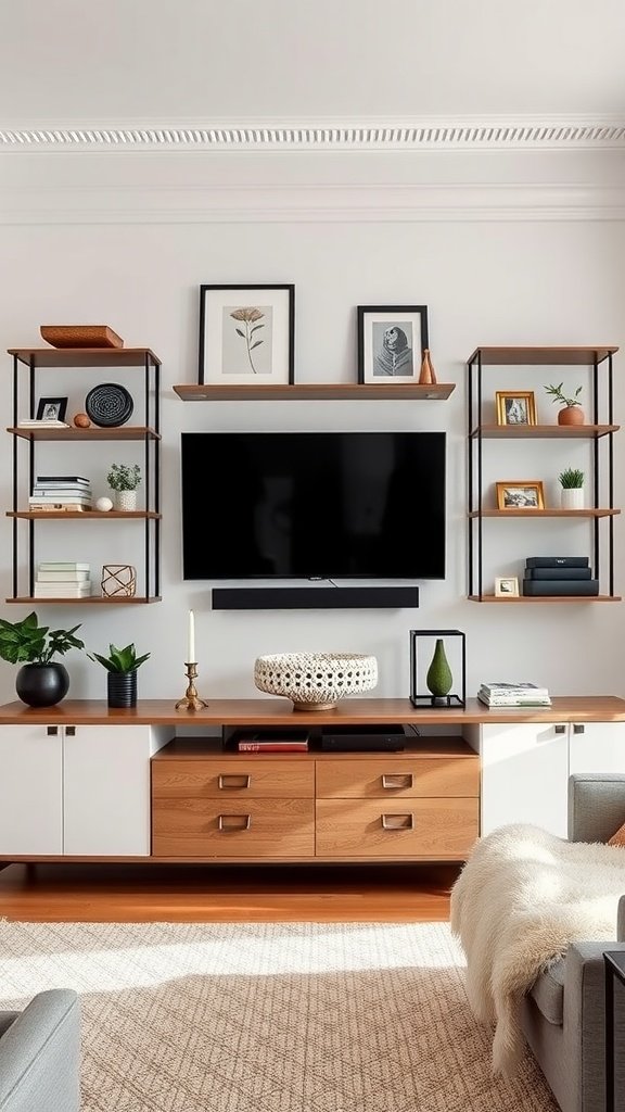Stylish wall shelving with decor around a television, featuring plants, books, and framed pictures.