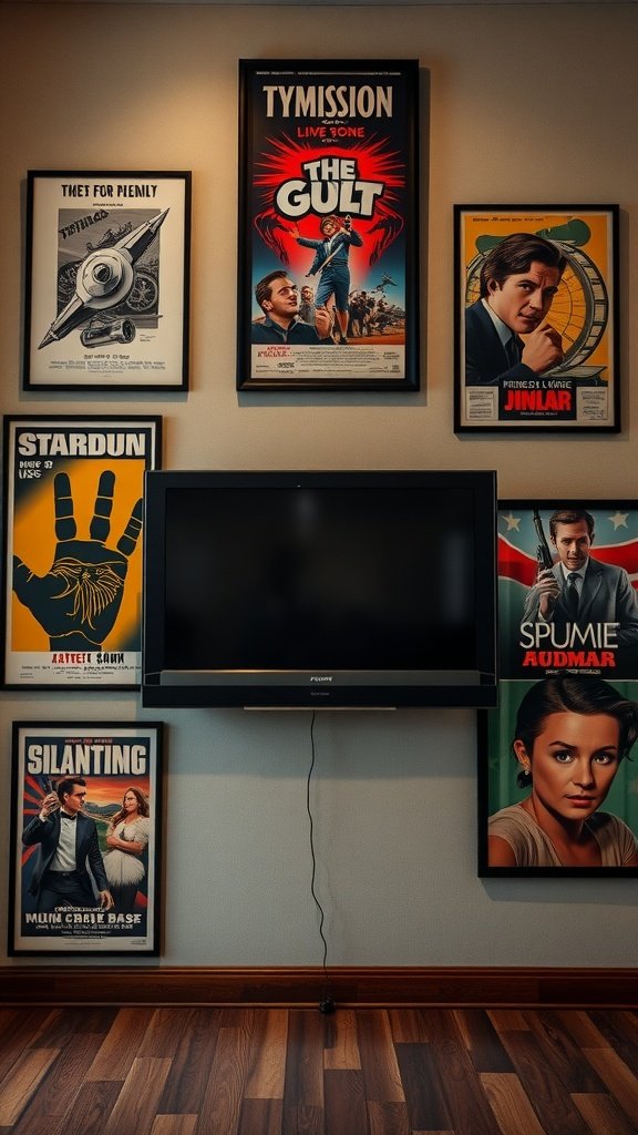 A stylish arrangement of movie posters surrounding a television.