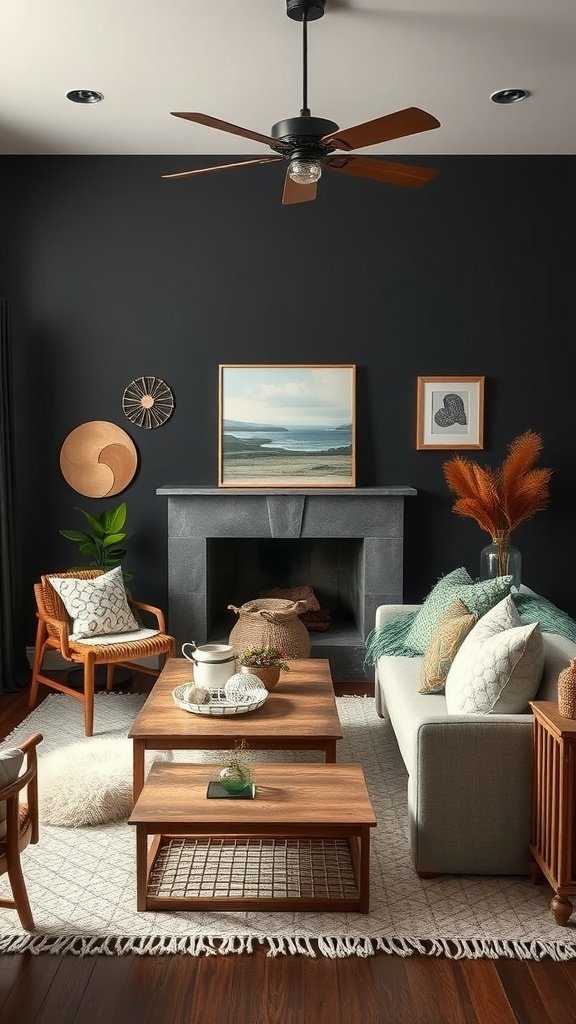 Coastal boho living room with dark walls, wooden furniture, and beach-themed decor.