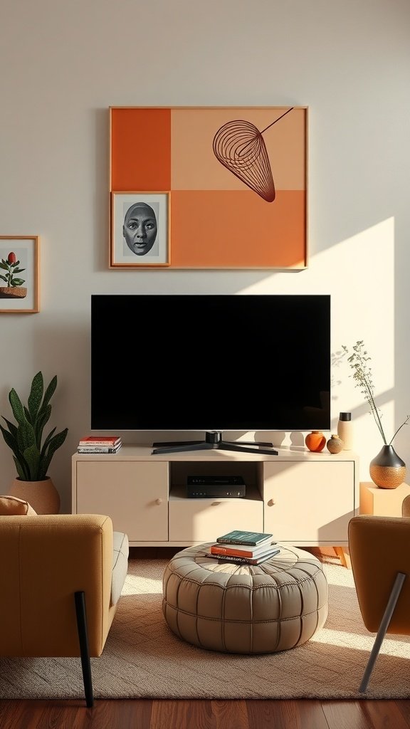 Living room with a TV, artwork, and stylish decor